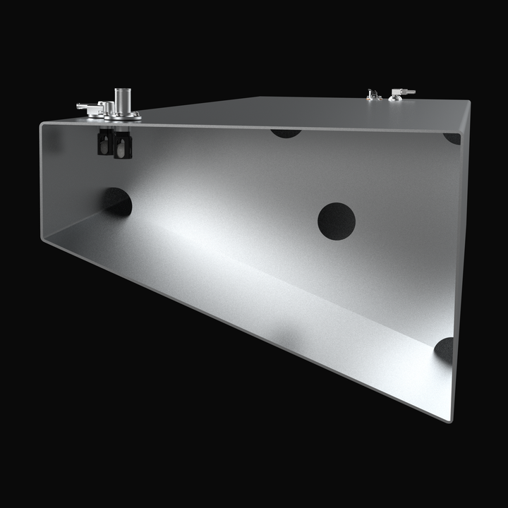 Close-up detail of the fuel fill and vent assembly on a Yellowfin 54 OEM replacement fuel tank, showing the precision-machined fill neck, vent fitting, and coal-tar epoxy coated surfaces.