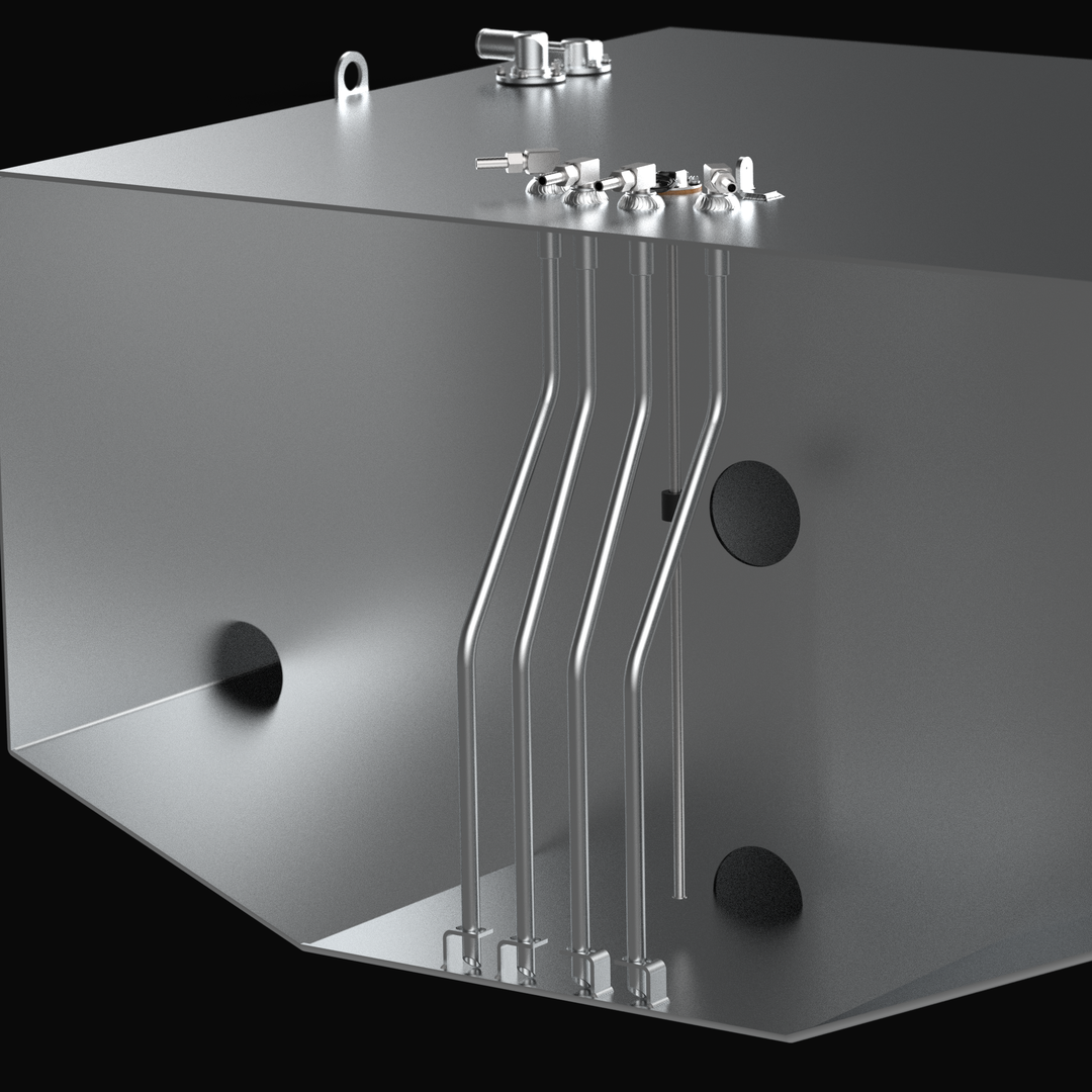 Detail rendering of the Yellowfin 54 fuel tank 3-tank combo OEM replacement kit, showcasing weld quality, hardware placement, and the corrosion-resistant coal-tar epoxy finish across all three tanks.