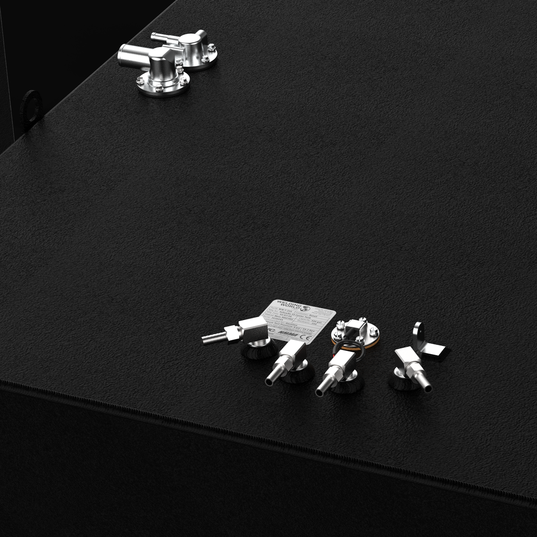 Rear-perspective 3D rendering of the complete 3-piece fuel tank replacement kit for a Yellowfin 54, showcasing the center tank and two saddle tanks with a protective coal-tar epoxy finish.