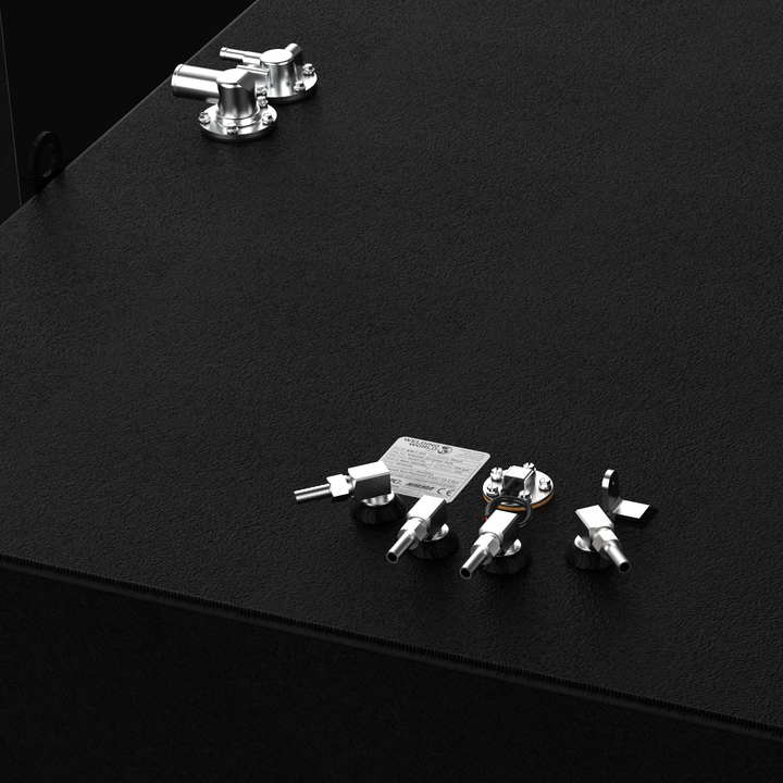 Rear-perspective 3D rendering of the complete 3-piece fuel tank replacement kit for a Yellowfin 54, showcasing the center tank and two saddle tanks with a protective coal-tar epoxy finish.