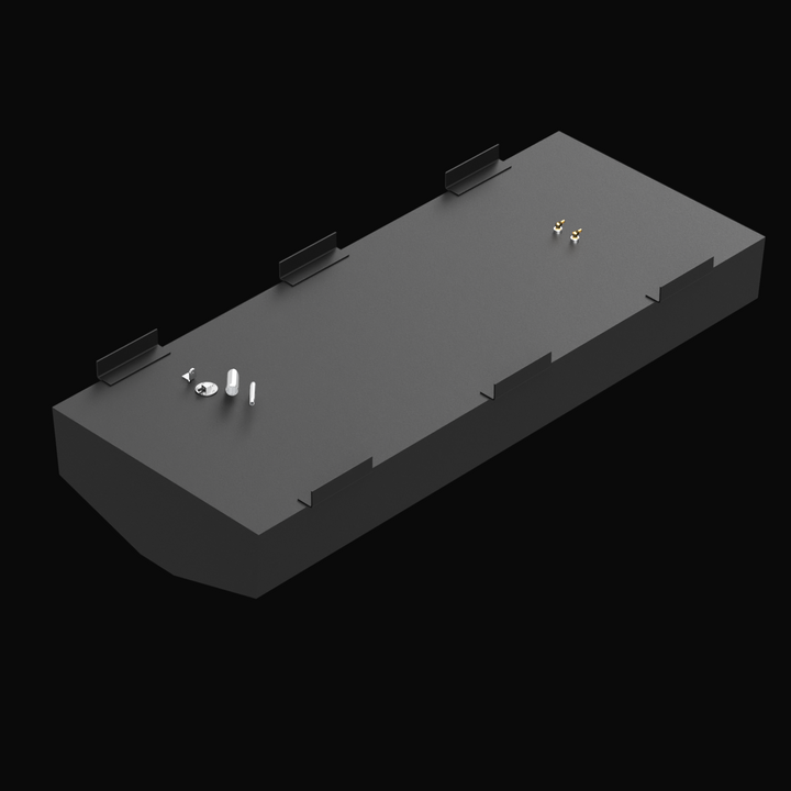3D model of a Boston Whaler Outrage 23 foot 1998 OEM replacement belly fuel tank with a capacity of 166 gallons net. The model is rendered in dark gray with mounting brackets, fittings, and accessories on the top surface, shown from an angled top-front view against a black background