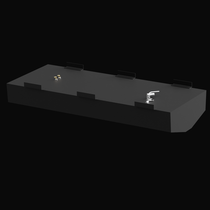 3D model of an Advanced 33 Starboard Saddle Fuel Tank with a net capacity of 128 gallons. The tank measures 101 inches in length, 29 1/2 inches in width, and 16 3/4 inches in height. The model is shown from a low angled perspective, highlighting mounting brackets and fittings on the top surface. The background is black with the Welding World logo in the bottom right corner