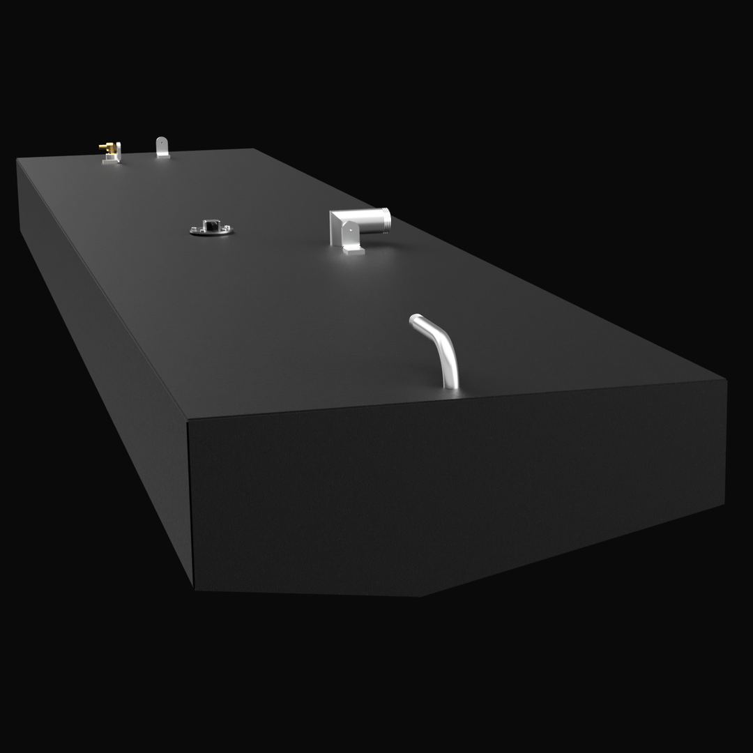 Angled close-up view of a black 63-gallon OEM replacement fuel tank for the 1998 Boston Whaler Outrage 18-foot boat. The image highlights the chamfered front edge and top fittings, including a fuel fill neck, vent tube, and sending unit mount