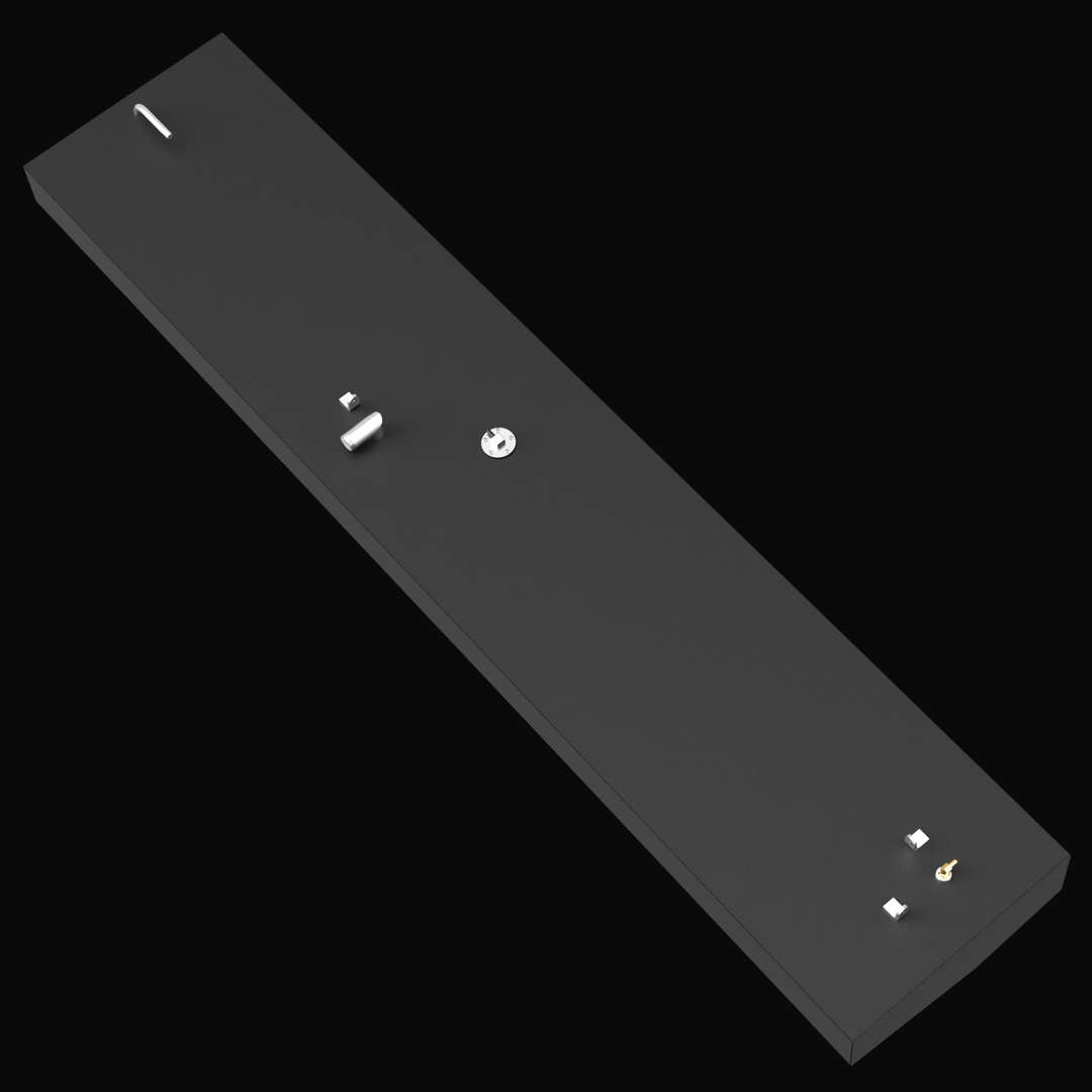 Top-down angled view of a black OEM replacement belly fuel tank for a 1998 Boston Whaler Outrage 18-foot boat, showing the layout of all top-mounted fittings including the fill, vent, pickup, and sending unit ports on a long rectangular tank body