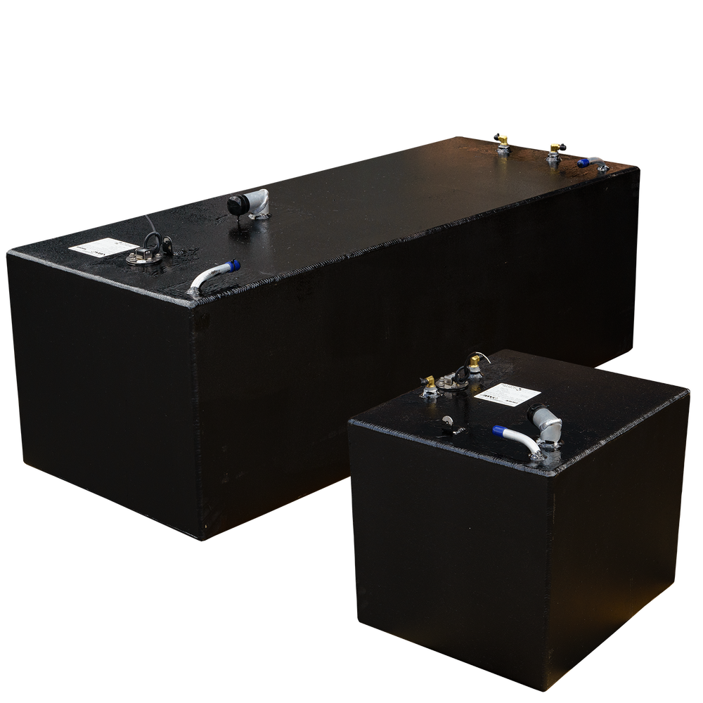 OEM replacement fuel tank kit for SeaVee 26' boats, featuring two tanks: a large 100-gallon tank and a smaller 33-gallon tank, both with fittings and a sleek black finish