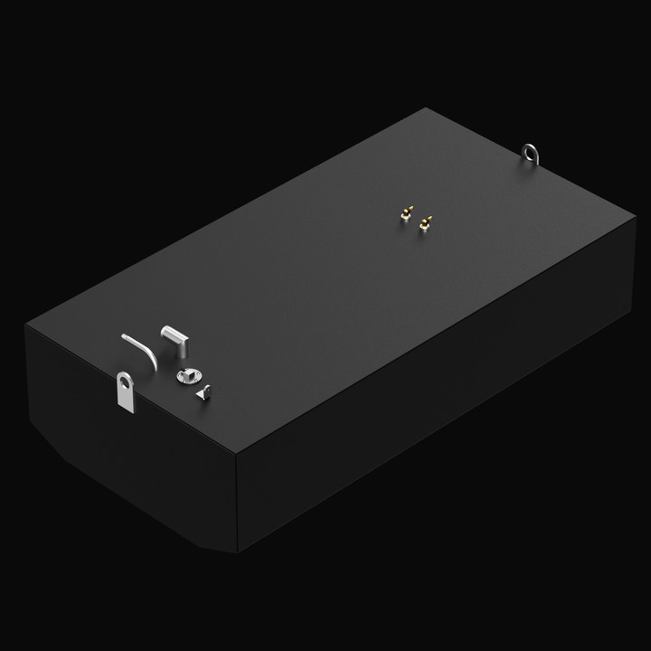 3D render of a black OEM replacement fuel tank for a 2001 Cobia 25.4 boat with a 138-gallon capacity. The tank features a chamfered front edge, top-mounted fittings including a fill neck, vent, sender unit, dual fuel pickups, and lifting tabs on both ends