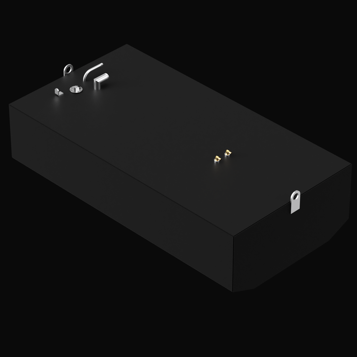 Angled top view of a black OEM replacement fuel tank for a 2001 Cobia 25.4 boat with 138-gallon capacity. The tank includes dual brass fuel pickups, a vent, sender port, fill neck, and multiple mounting tabs, with a chamfered front and flat rear