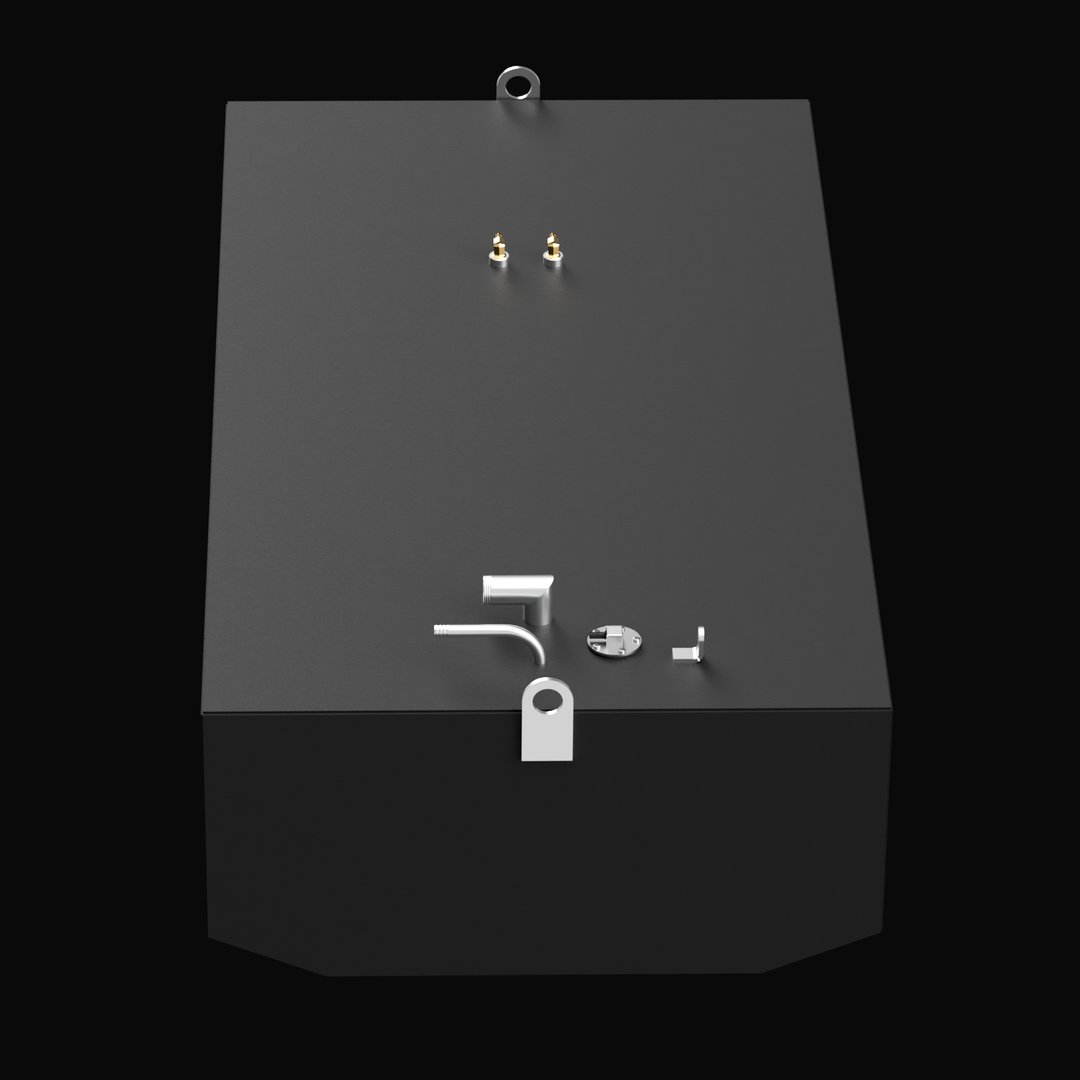 Top-down front view of a black aluminum OEM replacement fuel tank for a 2001 Cobia 25.4 boat, showing a 138-gallon nominal capacity. Features include two brass pickup fittings, a fill neck, vent tube, sender port, and mounting tabs with a beveled front face and two lifting rings