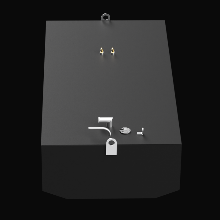 Top-down front view of a black aluminum OEM replacement fuel tank for a 2001 Cobia 25.4 boat, showing a 138-gallon nominal capacity. Features include two brass pickup fittings, a fill neck, vent tube, sender port, and mounting tabs with a beveled front face and two lifting rings