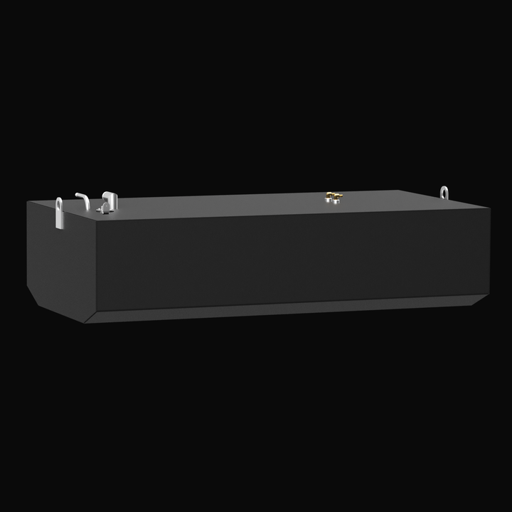 Side view of a black OEM replacement marine fuel tank with a trapezoidal bottom edge. The tank features welded aluminum fittings including a fuel fill, vent, sender port, two brass pickups, and lifting tabs at each corner