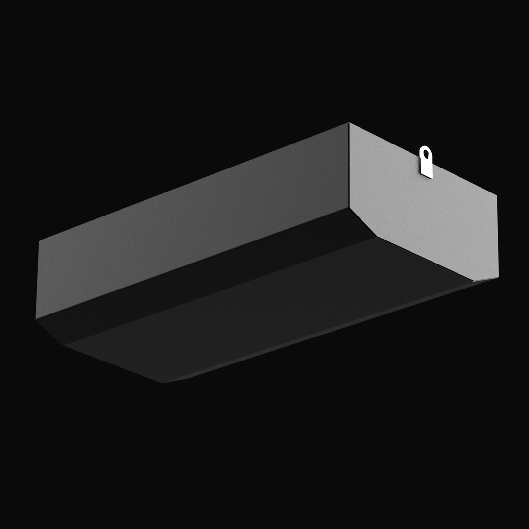 Bottom angle view of a black marine fuel tank with a beveled base and a welded lifting tab visible on the side