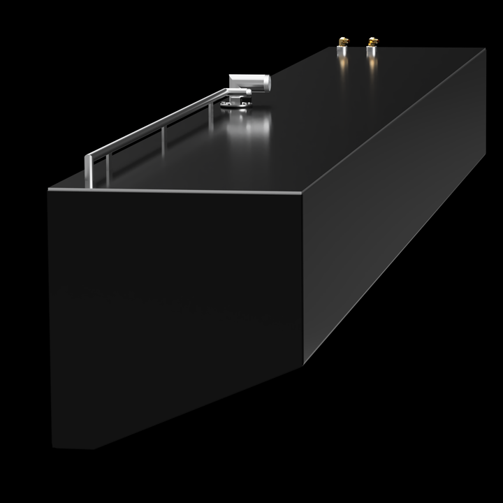 Close-up view of a long black fuel tank, featuring a fill neck and multiple fittings on one end. The tank is designed for a Contender 36 boat, showcasing its sleek, rectangular shape