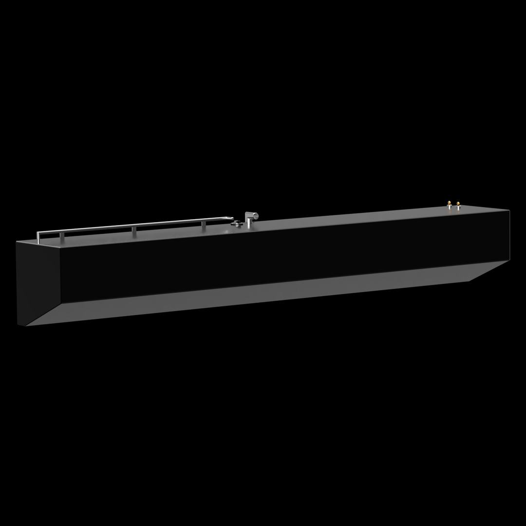 Side view of a long black fuel tank designed for a Contender 36 boat, featuring a fill neck and multiple fittings on top. The tank has a rectangular shape with a tapered end, showcasing its sleek design.