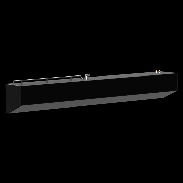 Side view of a long black fuel tank designed for a Contender 36 boat, featuring a fill neck and multiple fittings on top. The tank has a rectangular shape with a tapered end, showcasing its sleek design.