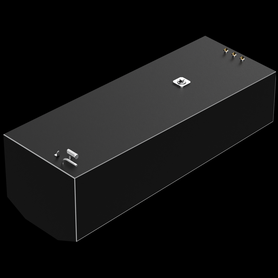 View of a black fuel tank designed for a Contender 36 boat, featuring a smooth rectangular shape with various fittings on the top, including a fill neck. The tank's surface has a glossy finish, highlighting its sleek design against a black background