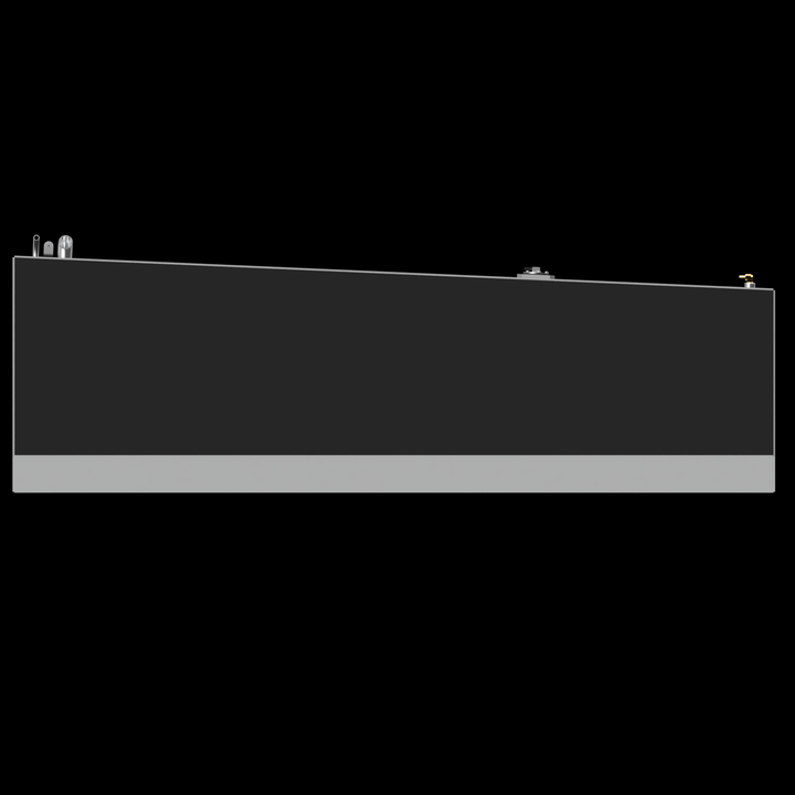 Top view of a sleek black fuel tank designed for a Contender 36 boat, featuring a glossy finish and various fittings on one end. The tank has a rectangular shape with a silver band along the bottom, highlighting its modern design against a black background