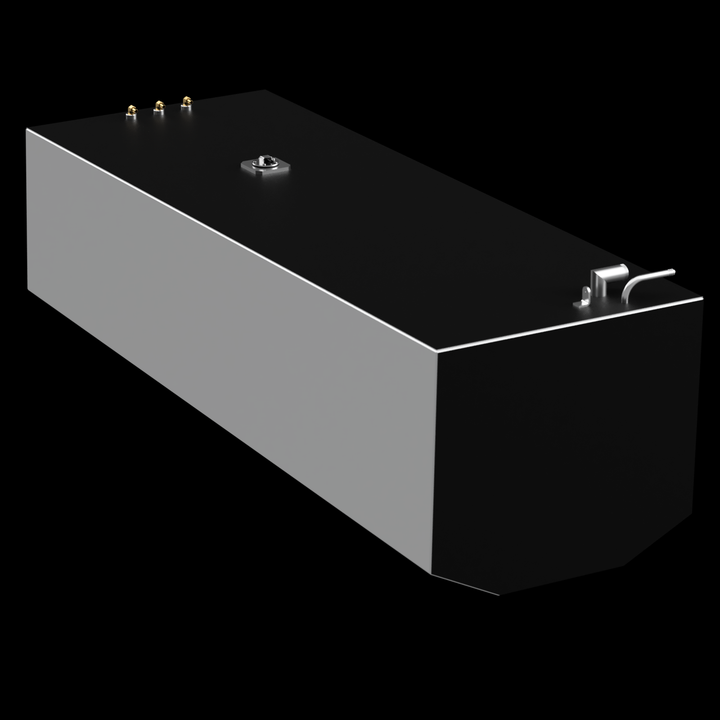 Three-quarter view of a black fuel tank designed for a Contender 36 boat, featuring a smooth rectangular body. The tank has various fittings on the top, including a fill neck and connections, with a gray band along the bottom edge