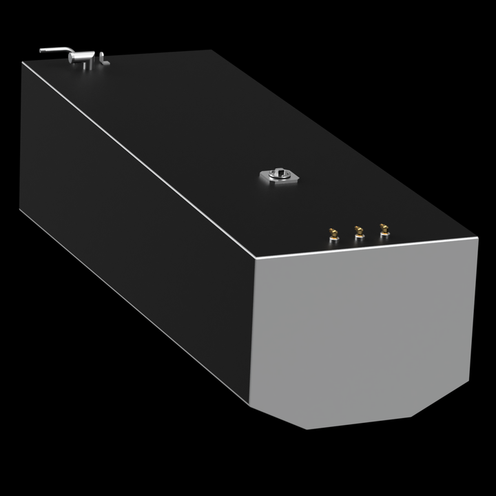 Three-quarter view of a black fuel tank designed for a Contender 36 boat, showcasing its rectangular shape. The tank features a fill neck and multiple fittings on top, with a silver band along the bottom edge