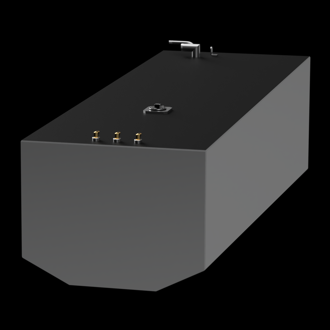 Side view of a black fuel tank designed for a Contender 36 boat, featuring a sleek rectangular shape. The tank includes various fittings on top, such as a fill neck and multiple connection points, showcasing its modern design against a black background