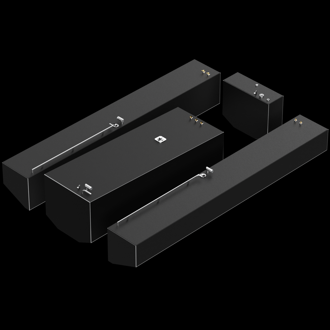 Arrangement of four black tanks designed for a Contender 36 boat, including two long fuel tanks and a smaller water tank, all featuring various fittings and connections on top. The tanks are displayed from a top-down perspective against a black background