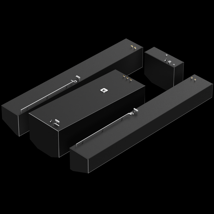 Arrangement of four black tanks designed for a Contender 36 boat, including two long fuel tanks and a smaller water tank, all featuring various fittings and connections on top. The tanks are displayed from a top-down perspective against a black background