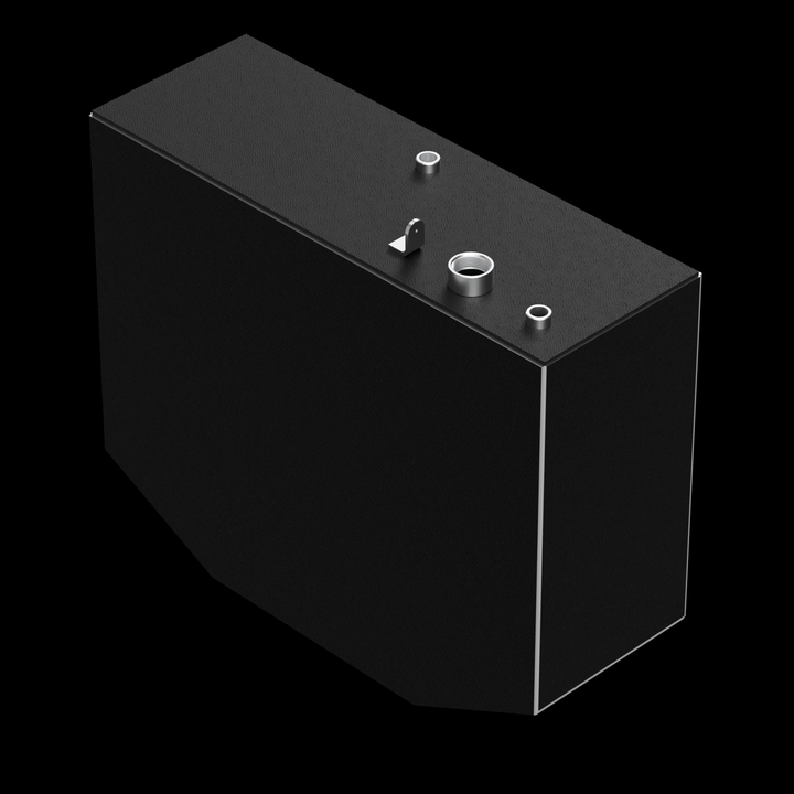 "Close-up view of a black fuel tank designed for a Contender 36, showcasing the top with various fittings, including a fill neck and multiple connection ports. The tank features a sleek rectangular shape with a textured surface, emphasizing its modern design against a black background