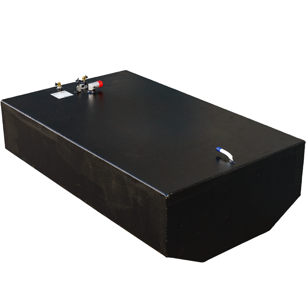 Built to OEM Specs belly fuel tank for Intrepid 26' boats, featuring a sleek black design and various fittings on top