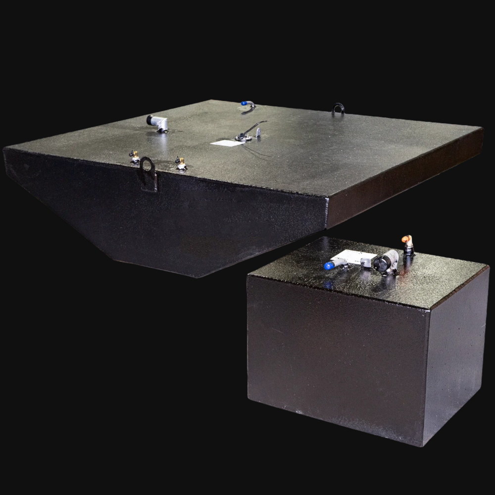 A black fuel and water tank combo for a 1993 Contender 25' boat, featuring a large rectangular fuel tank with a capacity of 180 gallons and a smaller water tank with a capacity of 23 gallons, both equipped with various fittings and connectors
