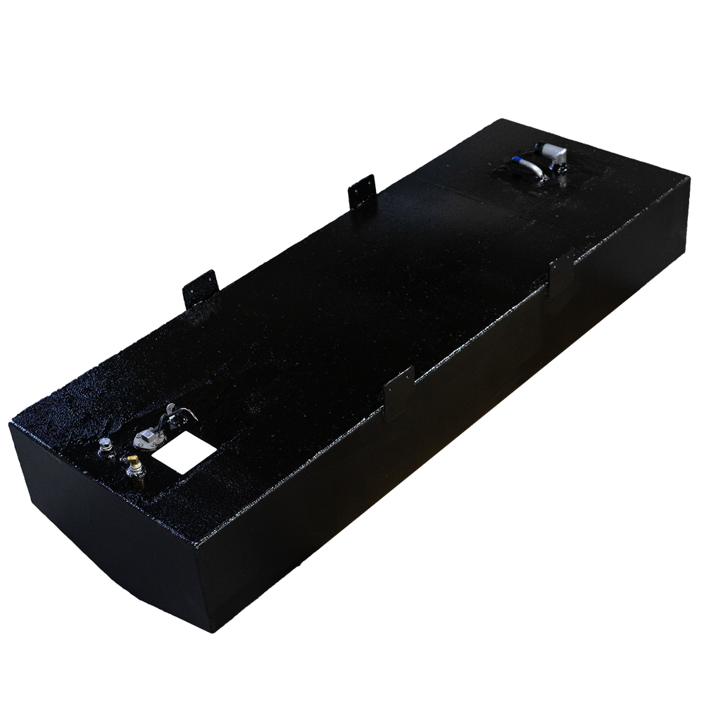 A black aluminum fuel tank with visible welding seams and a reed switch sender.