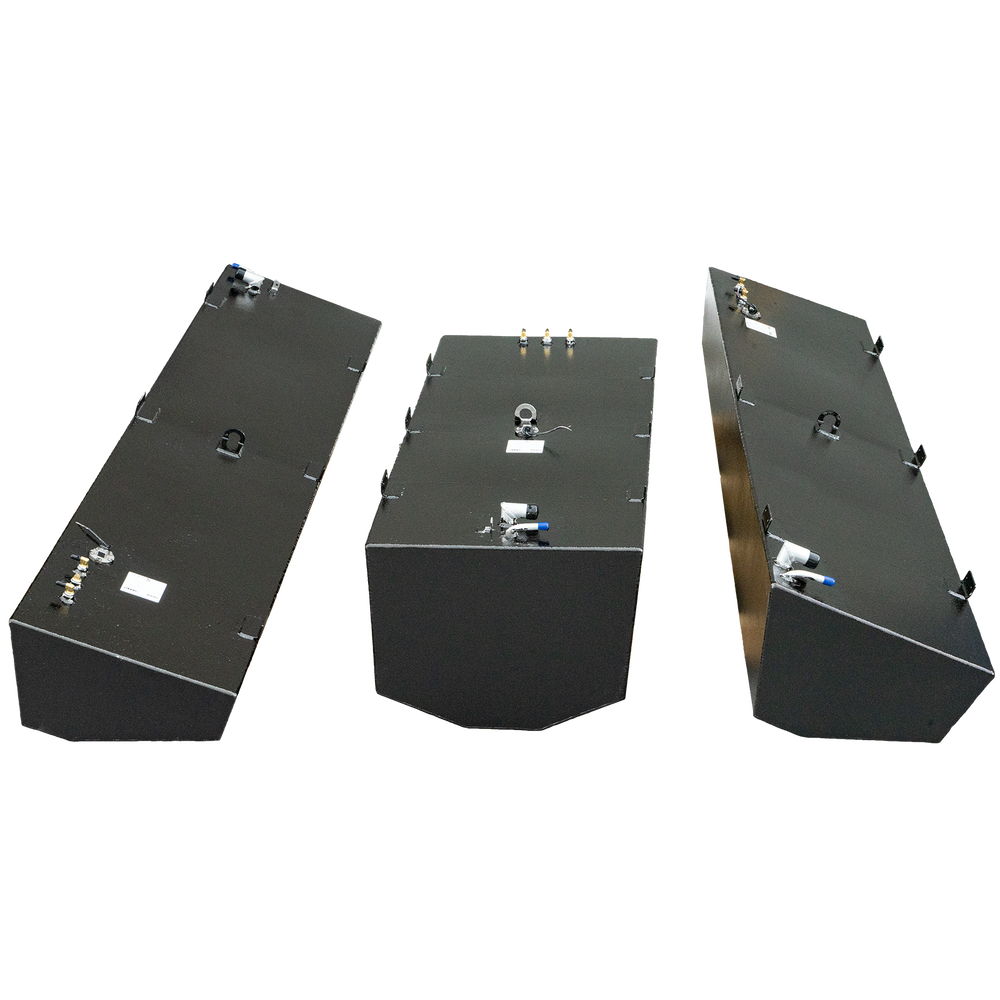 Three black Hydra-Sport fuel tanks against a checkered background, belly (160 gal.) and two saddle (96 gal.) tanks each, showing various fittings and tie-down points