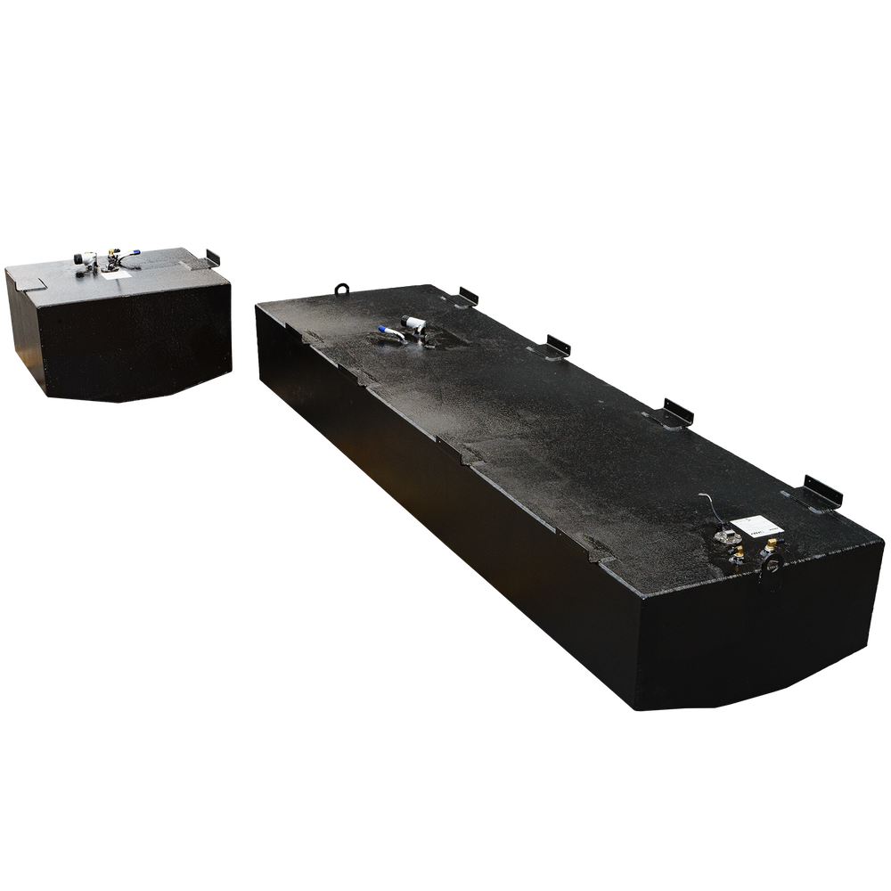 OEM replacement bow and belly fuel tank combo kit for Mako 282, featuring a 193-gallon and a 47-gallon tank, displayed against a transparent background