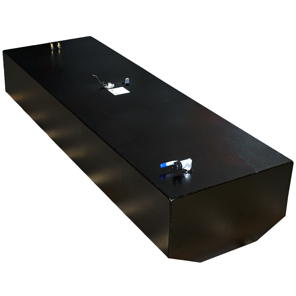 : An angled view of a rectangular black metal belly fuel tank for a Bluewater 2550 1998, with a capacity of 180 gallons. The tank features a smooth surface with metallic fittings and connectors on the top, set against a transparent checkered background
