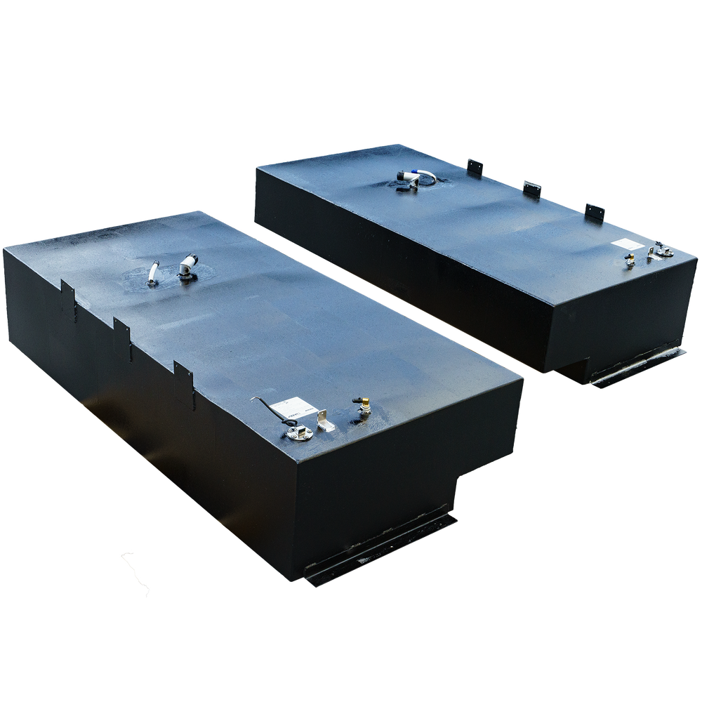 Two rectangular black saddle fuel tanks, each with a recessed lower section and various fittings on top, for a Stamas Tarpon 290 1998 model