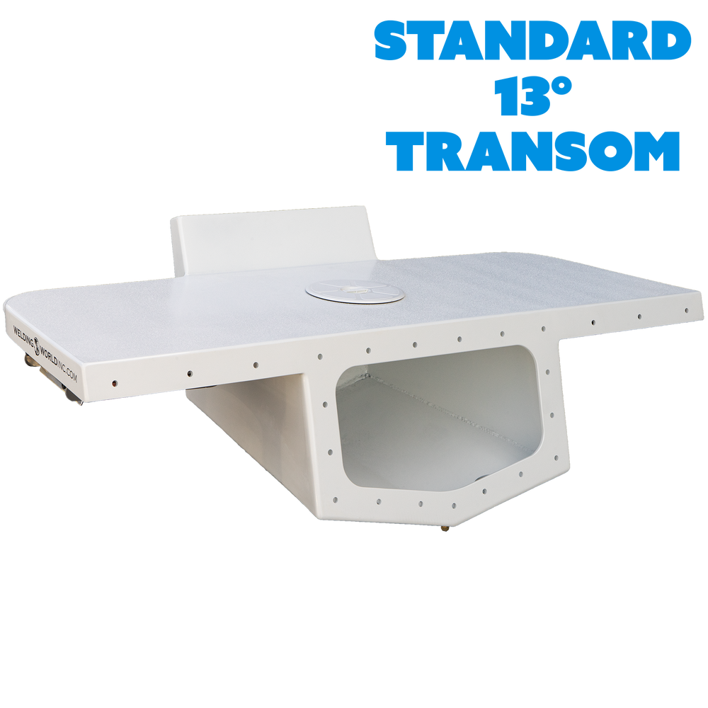 A white boat transom bracket designed for a 13° transom angle, labeled as "Standard 13° Transom" in bright blue text on a black checkered background. The bracket has a flat top surface with a raised section in the center and a hollow underside for mounting