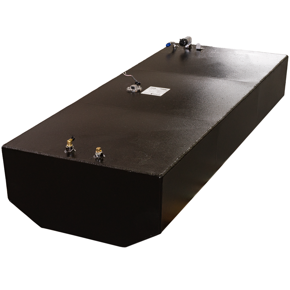 A black Contender 21' 1980 94 gal. OEM Replacement Belly Fuel Tank is shown at an angle, featuring a textured surface with brass fittings and connections visible on the top. The image has a checkerboard transparent background