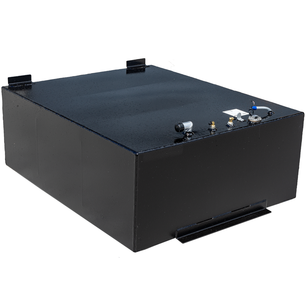 A black, rectangular 200-gallon OEM replacement fuel tank for a Stamas Liberty 288 Walkaround 1992 boat. The tank has various fittings and connections on its top surface, and a small bracket is visible on its side