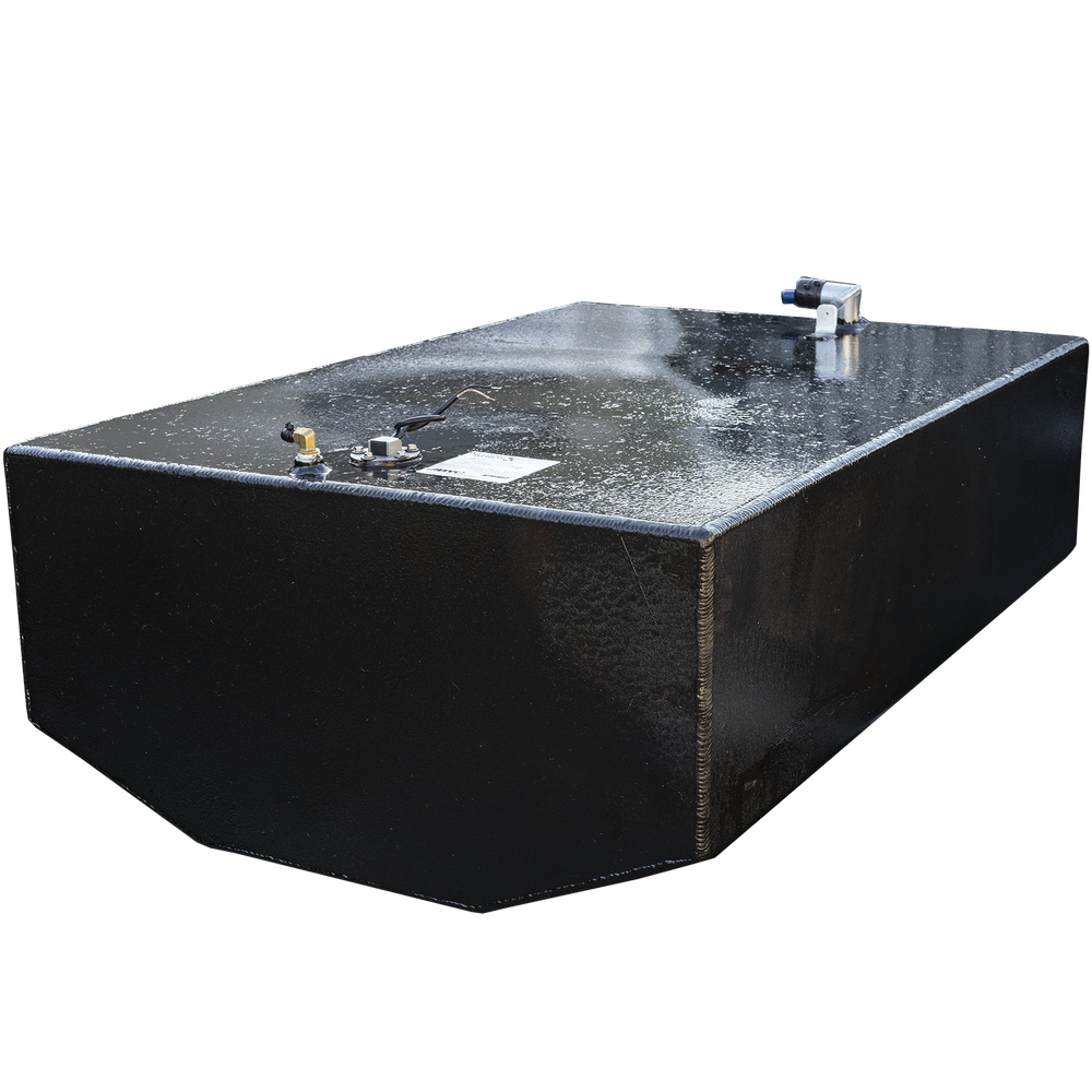 A black, rectangular 100-gallon OEM replacement fuel tank for a Cobia 214 - 2001 is shown against a black and grey checkerboard background. The tank has a textured finish and chamfered bottom edges. Its top surface features various fittings, including a brass-colored valve, a white label, and a white and blue hose connection