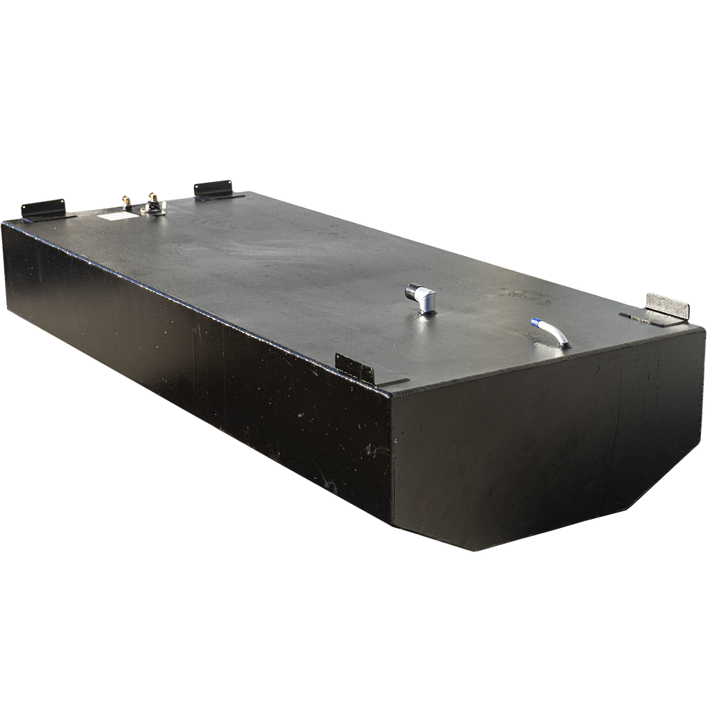 200-gallon aluminum bow fuel tank engineered for the Intrepid 30' center console, featuring a matte black finish and rectangular layout with a beveled aft edge. Topside components include a blue-handled shutoff valve, dual brass return fittings, a centrally located sender unit with wire harness, and a white certification label. Built from .190″ 5052-H32 marine-grade aluminum, the tank meets ABYC and USCG fuel system standards, with a test pressure rating of 9 psi under 33 CFR § 183.510(a)