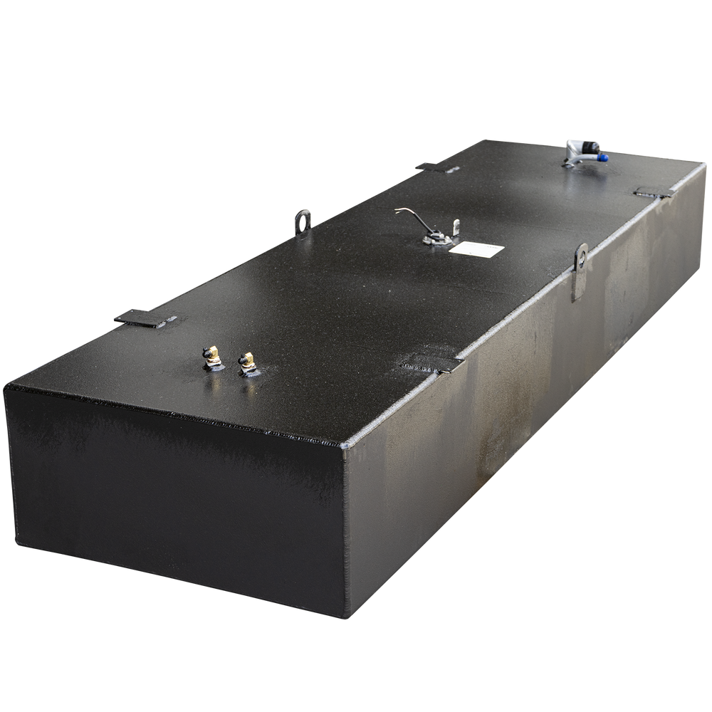 Proline 240 SS 1997 OEM Replacement Fuel Tank (140 gal.). The image shows a long, rectangular, dark grey fuel tank with a speckled top surface against a black and grey checkered background. Various metallic fittings, including golden-colored valves, and D-rings are visible on the tank's top and sides
