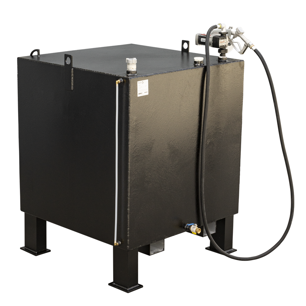 A black, square Fuel Stack v.1 - 475 gal. Forkliftable Fuel Tank with a fuel dispenser and hose attached, resting on four sturdy legs
