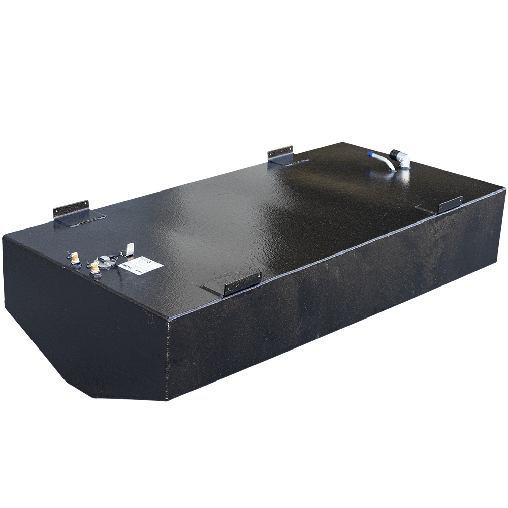 A long, black-coated boat fuel tank with a rounded front bottom edge, viewed from a high three-quarter angle against a checkered background. Multiple black mounting tabs are welded to the top edges. The top surface features two separate clusters of fittings: a fuel sending unit with a label at the front, and an assembly with two curved white pipes at the rear
