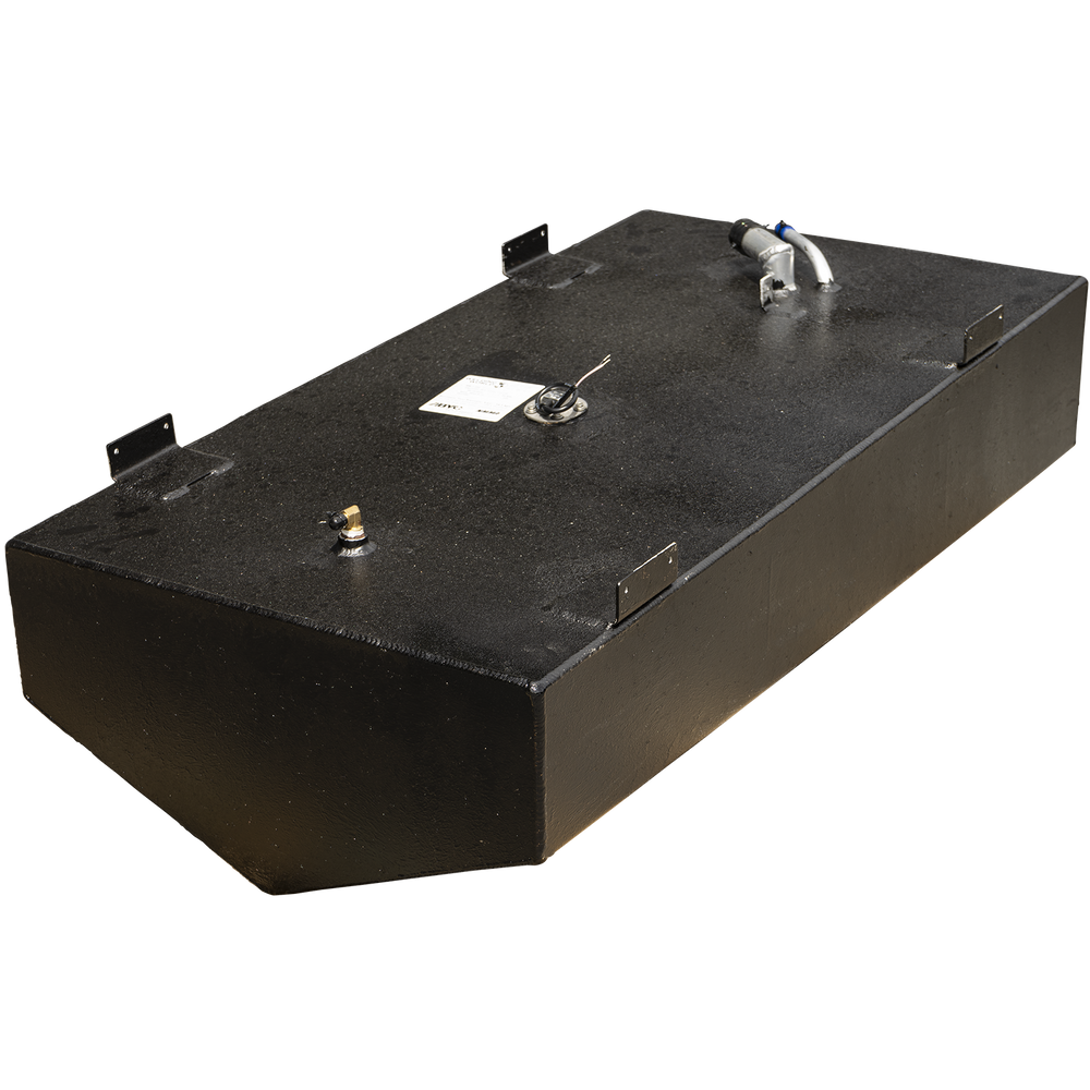 A black boat fuel tank with a textured coating and a shallow V-shape cut into its front bottom edge, viewed from a high three-quarter angle against a checkered background. Four L-shaped mounting tabs are welded to the top edges. Various fittings are spaced along the top surface, including a brass fitting at the front corner, a central fuel sending unit with a label, and a fuel fill assembly at the far end