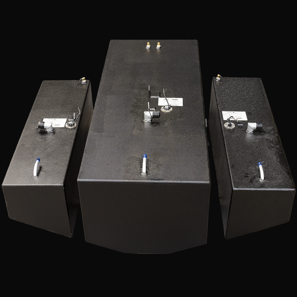 Three black metal fuel tanks arranged side by side on a transparent background. The middle tank is larger with multiple fittings on top, while the two smaller tanks on either side have fewer fittings. These are OEM replacement fuel tanks for Contender 31 Fisharound 2002, including one 159-gallon main tank and two 41-gallon saddle tanks