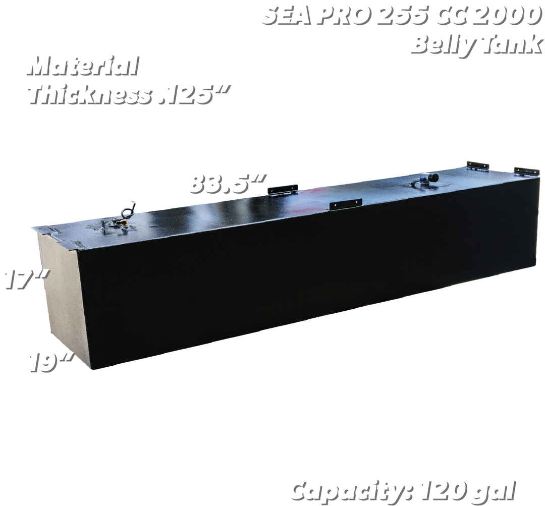 OEM replacement belly fuel tank for Mako 21', featuring a capacity of 125 gallons, made from .125” thick material. The tank dimensions are 83.5 inches in length, 17 inches in height, and 19 inches in width