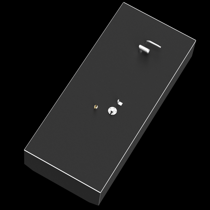 3D rendering of a Grady-White 209 Escape 1999 fuel tank in dark gray on a black background, viewed at an angle showing fittings and mounting brackets on the top surface. The edges have a fine white outline highlighting the shape