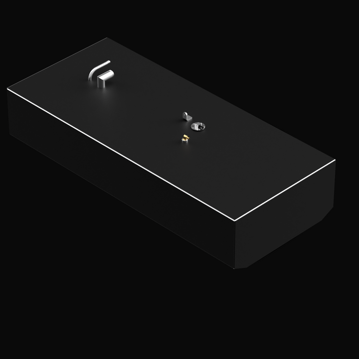 3D rendering of a Grady-White 209 Escape 1999 fuel tank in matte black on a black background, viewed from an angled top perspective showing fittings and mounting brackets on the top surface. The edges are highlighted with a subtle white outline