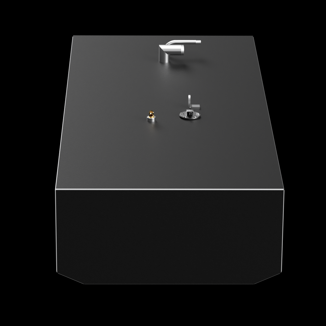 3D rendering of a Grady-White 209 Escape 1999 fuel tank in matte black, viewed from a top front angle showing the fittings and mounting brackets on top. The edges have a subtle white outline to emphasize the shape against the black background
