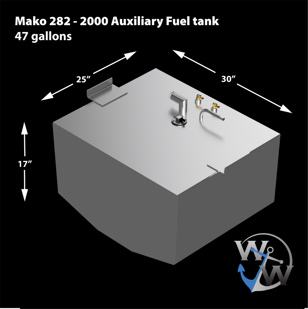 Diagram of a Mako 282 2000 Auxiliary Fuel Tank, featuring a 47-gallon capacity. The tank dimensions are 25 inches wide, 30 inches long, and 17 inches high, with labeled connections for fuel lines
