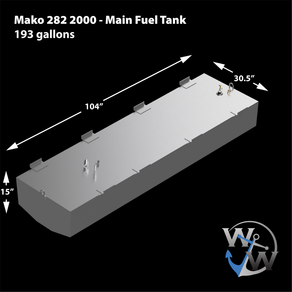 Diagram of a Mako 282 fuel tank combo kit for a 2000 model, featuring a main fuel tank with a capacity of 193 gallons and a belly tank with a capacity of 47 gallons. The main tank measures 104 inches in length, 30.5 inches in width, and 15 inches in height
