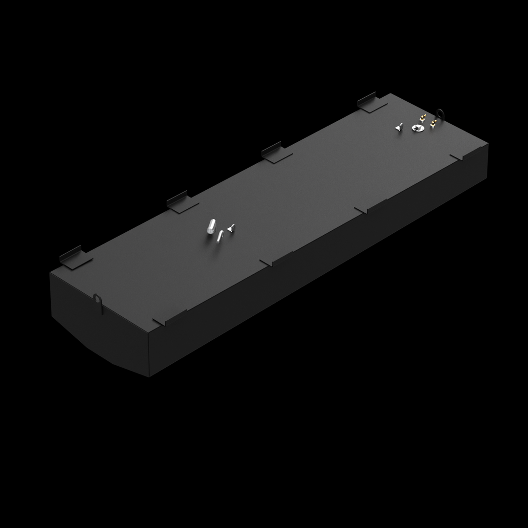 A black rectangular OEM replacement fuel tank, specifically for a Mako 221 - 1993 model with a 158-gallon net capacity. The tank features various ports and fittings on its top surface, along with several mounting brackets along the perimeter